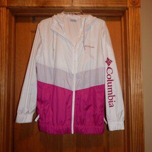 Columbia Womens Size Large L White Pink Sandy Sail Colorblock Windbreaker Jacket
